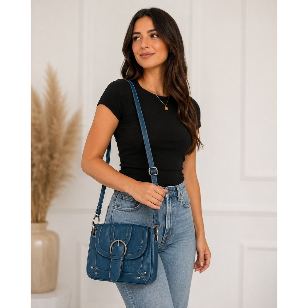 Mondani New York Blue Faux Leather Crossbody Bag Buckle Flap Striped Lining NWT